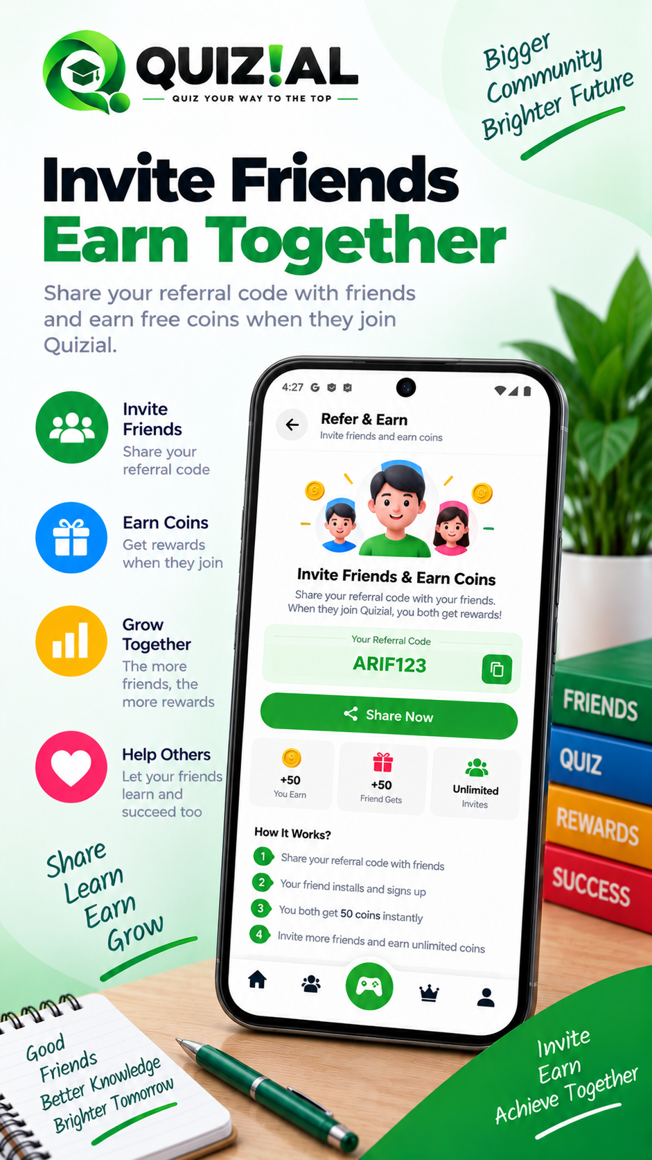 Quizial Refer and Earn screen